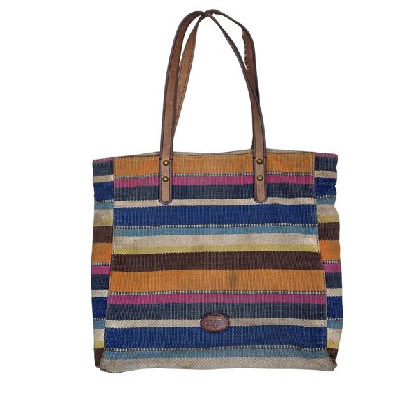 FOSSIL Zoey Zip Top Tote Canvas Bag Double Leather Handles DIRTY! - Picture 1 of 10
